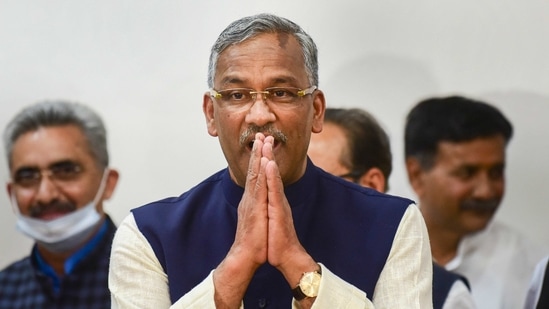 Dehradun: Uttarakhand chief minister Trivendra Singh Rawat arrives to address a press conference after tendering his resignation in Dehradun on Tuesday.(PTI)