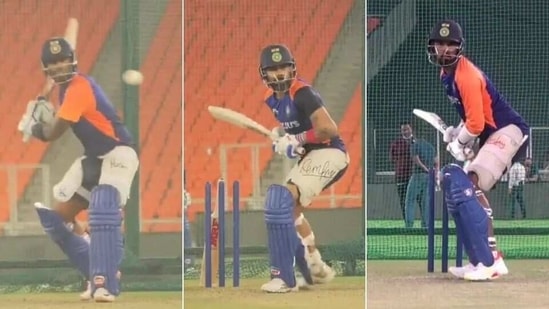 Suryakumar Yadav (L), Virat Kohli (c), KL Rahul (R) during training session (HT Collage)