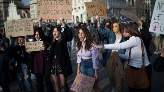 French activists for women's rights gathered to protest against sexism and sexual violence. (AP) French activists for women's rights gathered to protest against sexism and sexual violence. (AP)