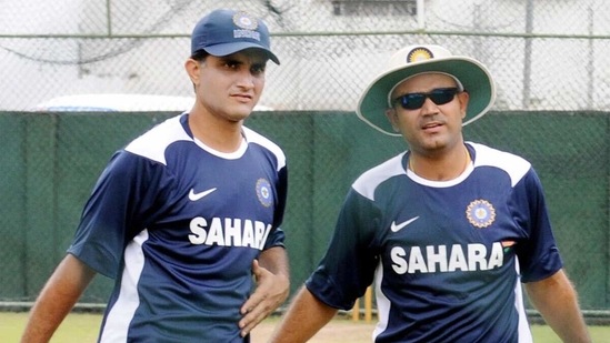 Sourav Ganguly and Virender Sehwag in a still from 2008. (Getty Images) Sourav Ganguly and Virender Sehwag in a still from 2008. (Getty Images)