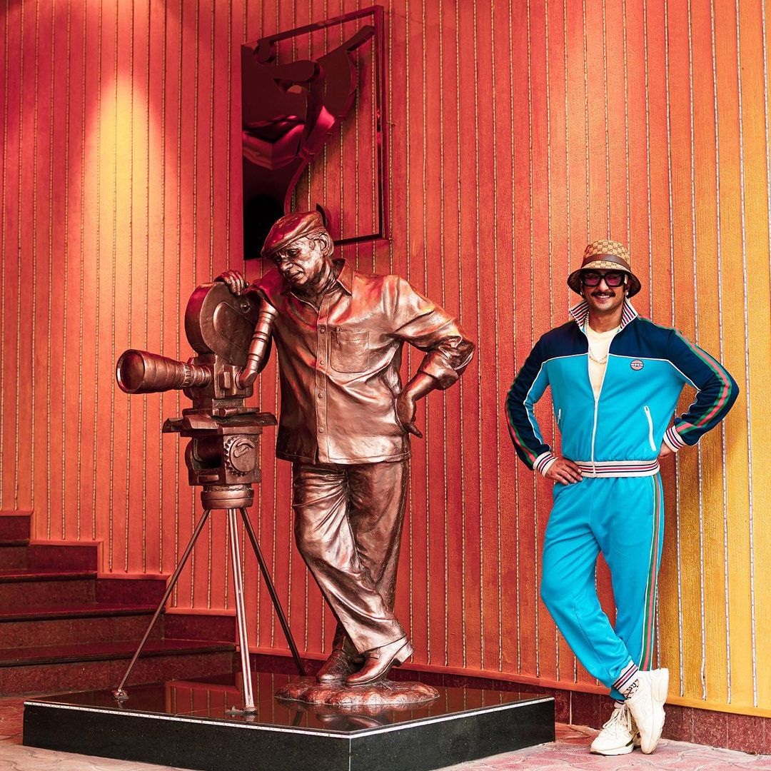 Ranveer singh in a blue tracksuit with colour blocked stripes (Photo: Instagram/ ranveersingh) Ranveer singh in a blue tracksuit with colour blocked stripes (Photo: Instagram/ ranveersingh)