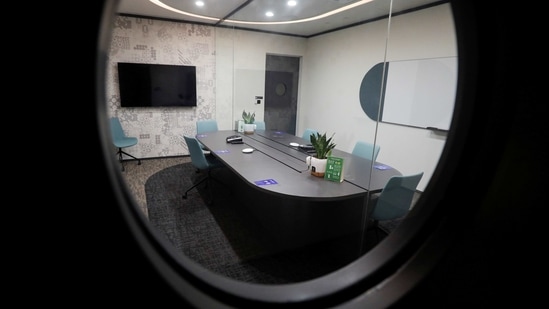 A view of a meeting room outfitted with airtight glass panels at short-stay facility Connect@Changi, a complex of hotel rooms and meeting halls near the airport in Singapore.(REUTERS)
