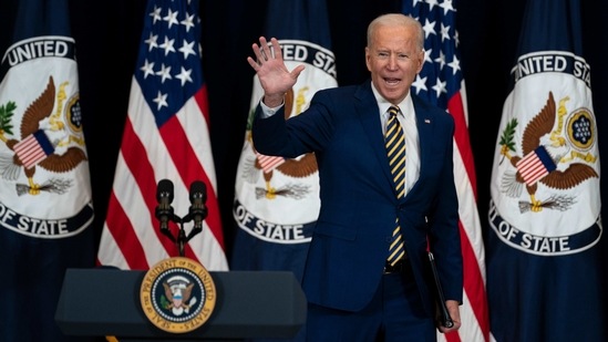 President Joe Biden waves after speaking to State Department staff in Washington. (AP) President Joe Biden waves after speaking to State Department staff in Washington. (AP)