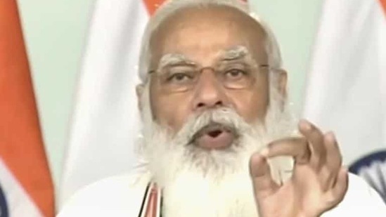 Prime Minister Narendra Modi speaks during the inauguration of Maitri bridge and launch of infrastructure projects in Tripura through on Tuesday. (PTI)