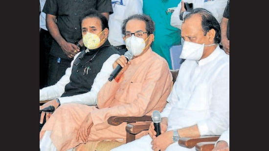 CM Uddhav Thackarey (C) along with Home Minister Anil Deshmukh (L) and Dy CM Ajit Pawar (R) addressing the media, during Budget Assembly Session at Vidhan Bhavan. (Vidyadhar Rane/HT PHOTO) CM Uddhav Thackarey (C) along with Home Minister Anil Deshmukh (L) and Dy CM Ajit Pawar (R) addressing the media, during Budget Assembly Session at Vidhan Bhavan. (Vidyadhar Rane/HT PHOTO)