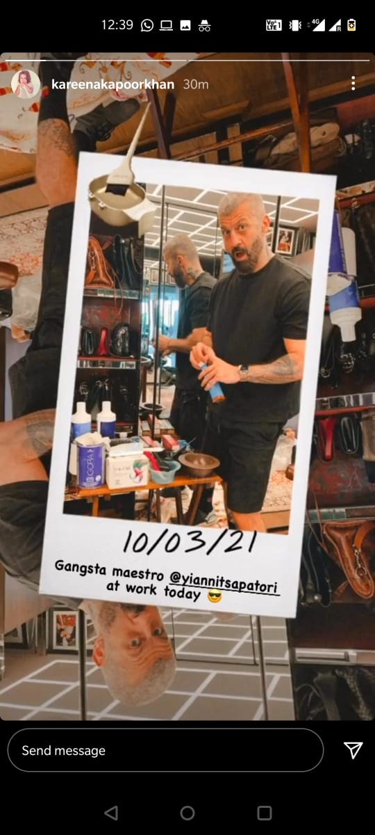 Kareena shared a picture of her hair stylist, Yianni Tsapatori at work. Kareena shared a picture of her hair stylist, Yianni Tsapatori at work.