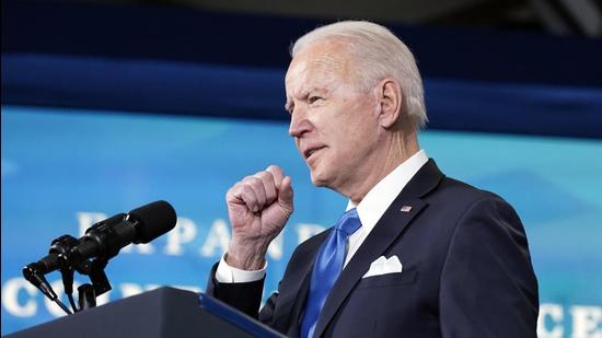 US President Joe Biden speaks at an event in the South Court Auditorium in the Eisenhower Executive Office Building on the White House Campus on Tuesday. (AP) US President Joe Biden speaks at an event in the South Court Auditorium in the Eisenhower Executive Office Building on the White House Campus on Tuesday. (AP)