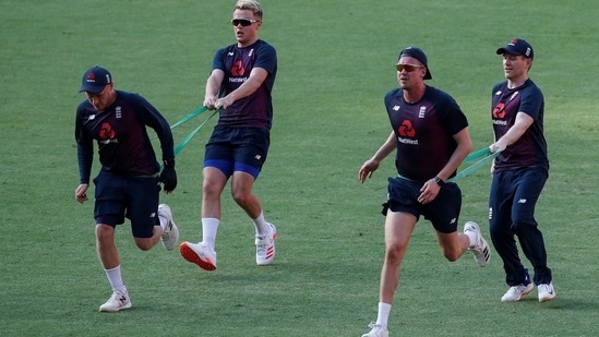 England's captain Eoin Morgan and other players attend a practice session ahead of their first Twenty20 International match against India.(REUTERS)