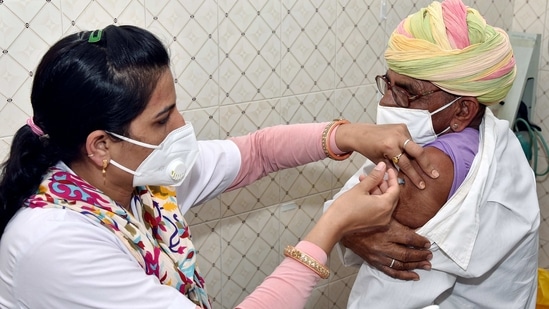 An elderly person receives the first dose of the Covid-19 vaccine in Bikaner on Wednesday. (ANI Photo) An elderly person receives the first dose of the Covid-19 vaccine in Bikaner on Wednesday. (ANI Photo)