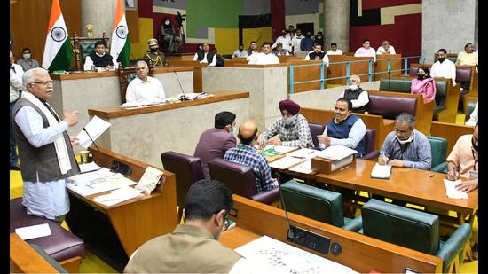 Haryana chief minister ML Khattar addressing the House on Wednesday. (HT File) Haryana chief minister ML Khattar addressing the House on Wednesday. (HT File)