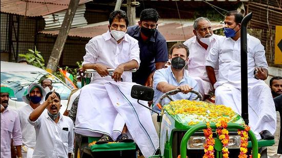 Congress leader Rahul Gandhi takes out a tractor rally from Thrikkaipatta to Muttil in Wayanad district in February. (HT file) Congress leader Rahul Gandhi takes out a tractor rally from Thrikkaipatta to Muttil in Wayanad district in February. (HT file)