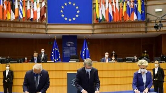 This again is a drawn-out process that eventually sees a five-member arbitration panel set up. The panel can take as long as a year to issue a binding ruling. Again, any questions of interpretation of EU law would be sent to the ECJ. (AP) This again is a drawn-out process that eventually sees a five-member arbitration panel set up. The panel can take as long as a year to issue a binding ruling. Again, any questions of interpretation of EU law would be sent to the ECJ. (AP)