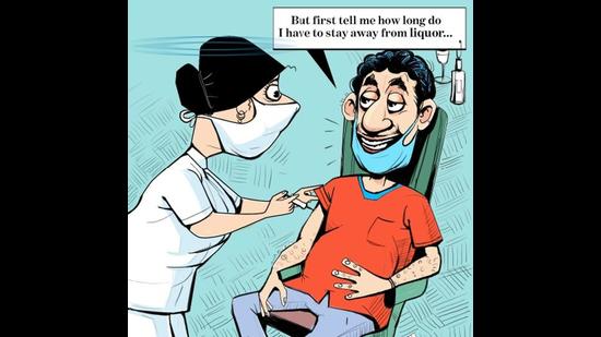 At vaccination sites, some senior citizens are also seen showing social media videos to the medical staff which suggest avoiding alcohol for over a month. (ILLUSTRATION: BISWAJIT DEBNATH)