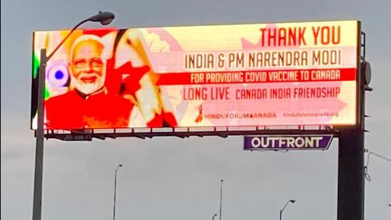 A billboard in the Greater Toronto Area that carries a message thanking India and Prime Minister Narendra Modi for sending across Covid-19 vaccines to Canada. (Supplied photo)