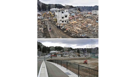 A combination photo shows wreckage in Miyako (top), a tsunami-hit northeastern Japan city pictured on March 15, 2011, and the same area (bottom) on February 19, 2021, ahead of the 10th anniversary of the earthquake and tsunami disaster.(Kyodo via REUTERS)