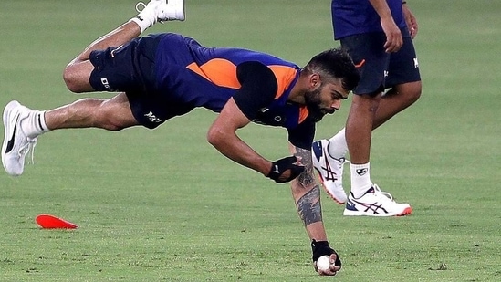 Virat Kohli taking a catch during Team India's practice session ahead of the first India vs England T20I on Friday (Virat Kohli / Twitter)