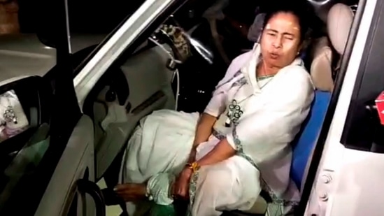 West Bengal chief minister Mamata Banerjee injured during her campaign trial at Nandigram in Purba Medinipur, Wednesday(PTI Photo )