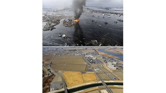 A combination photo shows a tsunami-hit area (top) taken from a helicopter on March 11, 2011 in Natori in Miyagi Prefecture, northeastern Japan and the same area from the helicopter on February 14, 2021, ahead of the 10-year anniversary of the 2011 disaster that killed thousands and set off a nuclear crisis.(Kyodo via REUTERS)