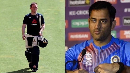 England captain Eoin Morgan (L), former Indian captain MS Dhoni(HT Collage)