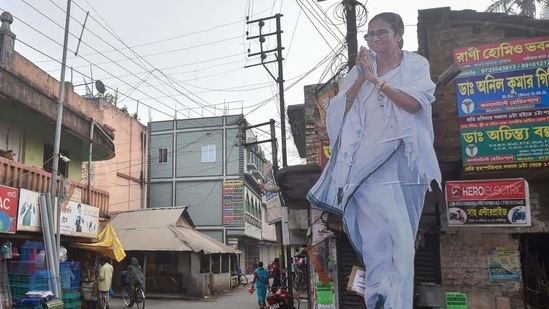 A huge cut-out of Trinamool Congress (TMC) president and chief minister Mamata Banerjee is seen in West Bengal. A huge cut-out of Trinamool Congress (TMC) president and chief minister Mamata Banerjee is seen in West Bengal.
