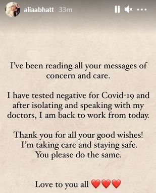A screengrab of Alia Bhatt's message.
