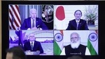 US President Joe Biden, top left, Yoshihide Suga, Japan's prime minister, top right, Scott Morrison, Australia's prime minister, bottom left, and Narendra Modi, India's prime minister, on a monitor during the virtual Quadrilateral Security Dialogue (Quad) meeting at Suga’s official residence in Tokyo, Japan.(Bloomberg) US President Joe Biden, top left, Yoshihide Suga, Japan's prime minister, top right, Scott Morrison, Australia's prime minister, bottom left, and Narendra Modi, India's prime minister, on a monitor during the virtual Quadrilateral Security Dialogue (Quad) meeting at Suga’s official residence in Tokyo, Japan.(Bloomberg)