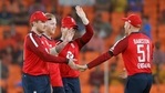 England squad celebrates a dismissal during the first T20 match between India and England at Narendra Modi Stadium in Ahmedabad on Friday.(ANI Photo/ICC Twitter) England squad celebrates a dismissal during the first T20 match between India and England at Narendra Modi Stadium in Ahmedabad on Friday.(ANI Photo/ICC Twitter)