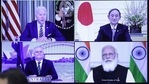 US President Joe Biden, Yoshihide Suga, Japan's prime minister, Scott Morrison, Australia's prime minister, and Indian PM Narendra Modi during the virtual Quadrilateral Security Dialogue (Quad) meeting on Friday, (BLOOMBERG PHOTO). US President Joe Biden, Yoshihide Suga, Japan's prime minister, Scott Morrison, Australia's prime minister, and Indian PM Narendra Modi during the virtual Quadrilateral Security Dialogue (Quad) meeting on Friday, (BLOOMBERG PHOTO).