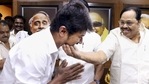 Chennai: Dravida Munnetra Kazhagam (DMK) President MK Stalin's son and party's Youth Wing Secretary Udhayanidhi Stalin (L) being greeted by party general secretary Durai Murugan. (PTI) Chennai: Dravida Munnetra Kazhagam (DMK) President MK Stalin's son and party's Youth Wing Secretary Udhayanidhi Stalin (L) being greeted by party general secretary Durai Murugan. (PTI)