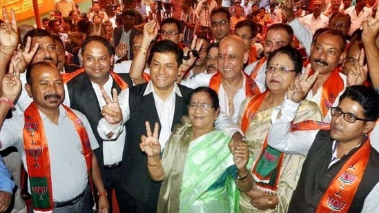 Assam BJP chief, Sarbananda Sonowal Assam (3rd L) and Bijoya Chakraborty (C), MP, with newly joined party members in Guwahati (PTI photo) Assam BJP chief, Sarbananda Sonowal Assam (3rd L) and Bijoya Chakraborty (C), MP, with newly joined party members in Guwahati (PTI photo)