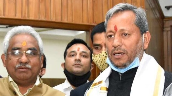 Newly-appointed Uttarakhand BJP state president Madan Kaushik and Uttarakhand CM Tirath Singh Rawat in Dehradun.