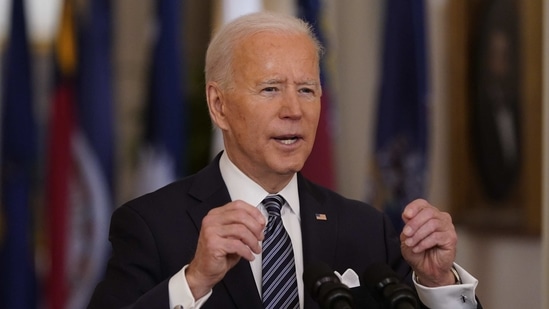 U.S. President Joe Biden speaks during an address to the nation in the East Room of the White House in Washington, D.C., U.S., on Thursday, March 11, 2021. Biden is addressing a pandemic-weary nation to mark the day a year ago when the spread of coronavirus forced Americans into isolation, swiftly collapsing the economy and portending more than a half-million deaths. Photographer: Chris Kleponis/CNP/Bloomberg(Bloomberg)