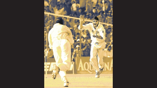 Harbhajan Singh claims the wicket of Australia’s Shane Warne, to complete a hattrick during Day 1 of the 2nd Test between India and Australia at the Eden. And on the final day, aged just 20, Singh bowled India to a historic victory. His match figures: 13/196. (Hamish Blair / Allsport / Getty Images) Harbhajan Singh claims the wicket of Australia’s Shane Warne, to complete a hattrick during Day 1 of the 2nd Test between India and Australia at the Eden. And on the final day, aged just 20, Singh bowled India to a historic victory. His match figures: 13/196. (Hamish Blair / Allsport / Getty Images)
