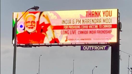 A billboard in the Greater Toronto Area that carries a message thanking India and Prime Minister Narendra Modi for sending across Covid-19 vaccines to Canada. (Supplied photo)
