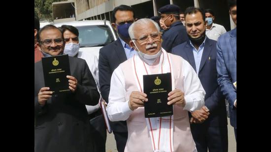 Haryana chief minister Manohar Lal Khattar before presenting the budget for 2021-22 in the assembly in Chandigarh on Friday. (Keshav Singh/HT) Haryana chief minister Manohar Lal Khattar before presenting the budget for 2021-22 in the assembly in Chandigarh on Friday. (Keshav Singh/HT)