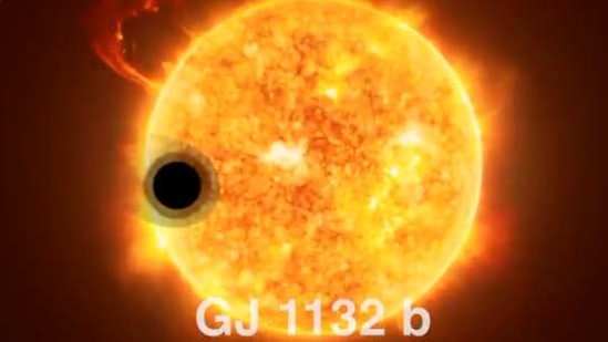 The image shows an artist's rendition of the exoplanet called GJ 1132 b.