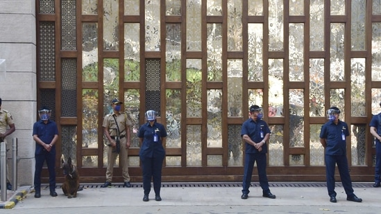 Police security outside Mukesh Ambani's residence Antilla, after explosives were found in an abandoned car in its vicinity, in Mumbai. (PTI)