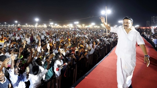 DMK President MK Stalin at a public meeting, in Tiruchirappalli. (PTI Photo)