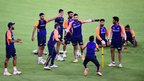 Indian cricket captain Virat Kohli with teammates R Pant, Y Chahal, Navdeep Saini, B Kumar, during a training session, ahead of T20 cricket series between India and England, at Narendra Modi Stadium in Ahmedabad.(PTI)