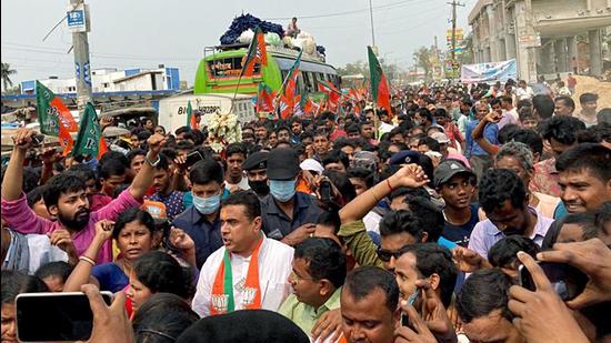 BJP leader Suvendu Adhikari during a public rally, in Nandigram on March 10. (ANI) BJP leader Suvendu Adhikari during a public rally, in Nandigram on March 10. (ANI)