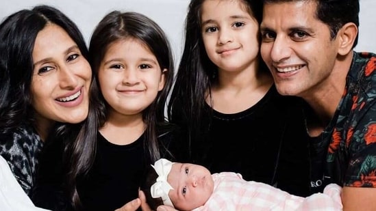 Teejay Sidhu with her daughters and husband Karanvir Bohra.
