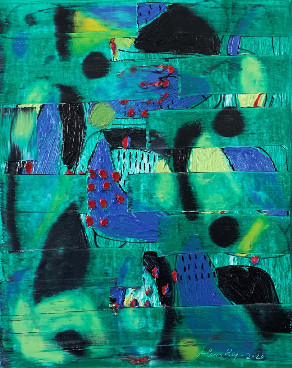 An artwork by Hem Raj. He explores the sentiment of how an artist becomes a medium for the supreme power, while painting.