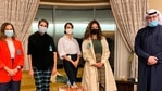 Founder of Lan Asket campaign, from left, Lina al-Qaddoumi, Najeeba Hayat, Shayma Shamo and Ascia al-Faraj, stand beside Abdulaziz al-Saqabi, one of the Kuwaiti politicians who has proposed an amendment to the penal code to define and punish sexual harassment in Kuwait City, Kuwait.(AP) Founder of Lan Asket campaign, from left, Lina al-Qaddoumi, Najeeba Hayat, Shayma Shamo and Ascia al-Faraj, stand beside Abdulaziz al-Saqabi, one of the Kuwaiti politicians who has proposed an amendment to the penal code to define and punish sexual harassment in Kuwait City, Kuwait.(AP)