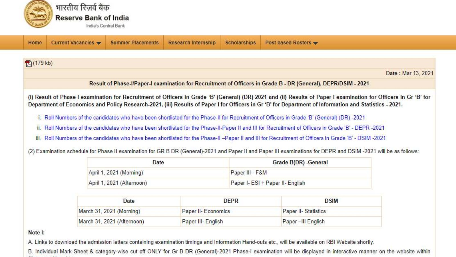 RBI Grade B Phase I Results 2021 Declared, Here's Direct Link To Check ...