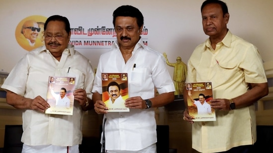 DMK president MK Stalin along with DMK general secretary S Durai Murugan releases election manifesto in Chennai on Saturday. (ANI Photo )