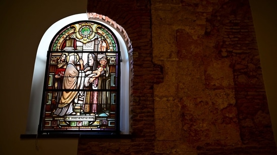A stained glass window stands inside the San Jose Church, the second oldest Spanish church in the Americas, that will reopen following a massive reconstruction that took nearly two decades to complete in San Juan, Puerto Rico, Tuesday, March 9, 2021. It was a project many in Puerto Rico thought would fail given the never-ending funding problems. (AP)