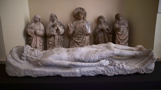 Religious sculptures are inside the second oldest Spanish church in the Americas, the San Jose Church, that will reopen following a massive reconstruction that took nearly two decades to complete, in San Juan, Puerto Rico, Tuesday, March 9, 2021. Experts were hired from abroad to restore murals and other art. (AP)