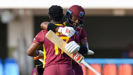 Shai Hope (R) of West Indies congratulate Evin Lewis.(AFP) Shai Hope (R) of West Indies congratulate Evin Lewis.(AFP)