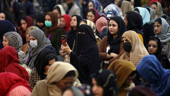 Afghan women attend an event to mark International Women's Day in Kabul, Afghanistan, Sunday, March 7, 2021. (AP)