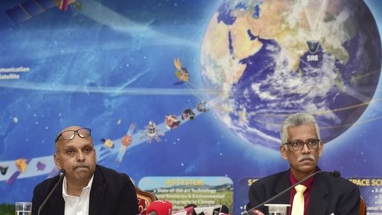 Bengaluru: G Narayan (R), Chairman & Managing Director of NewSpace India Ltd. (NSIL), and D Radhakrishnan, Executive Director of NewSpace India Ltd. (NSIL) during a press conference to brief about the achievements of NSIL, at ISRO headquarters in Bengaluru, Friday, March 12, 2021. (PTI Photo/Shailendra Bhojak)(PTI03_12_2021_000036B)(PTI)